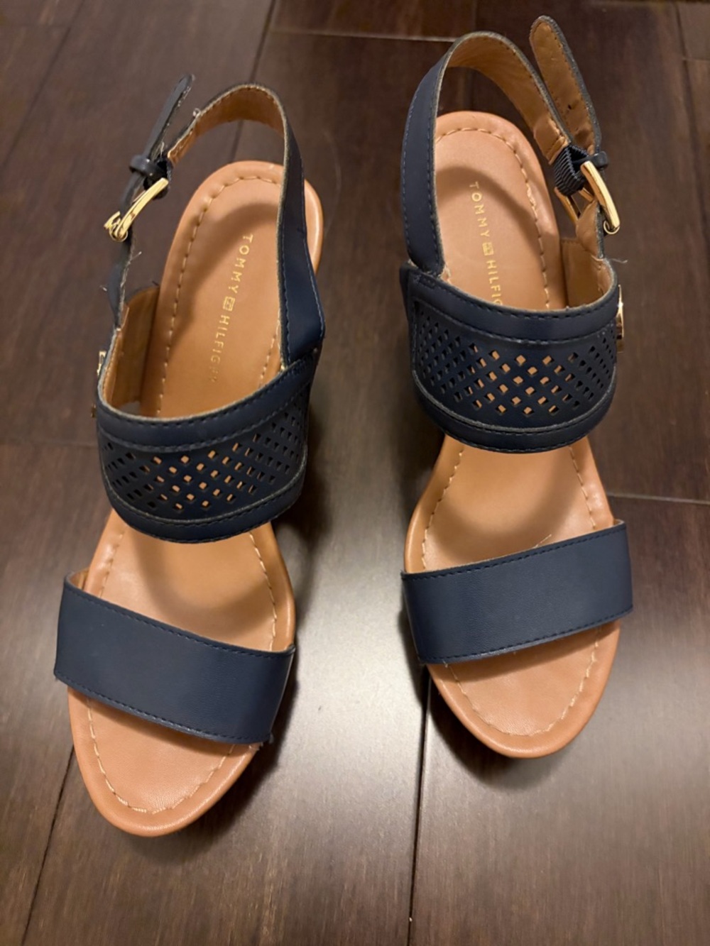 Tommy Hilfiger Navy and Tan Perforated Slingback Sandals